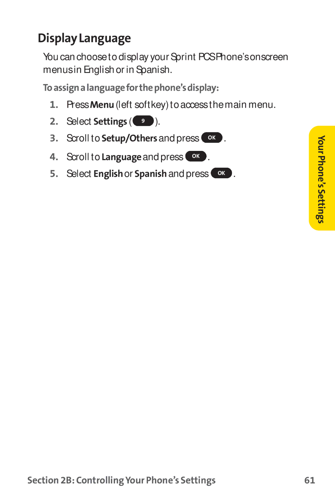 Sprint Nextel PM-225 manual Display Language, Toassignalanguageforthephone’sdisplay 