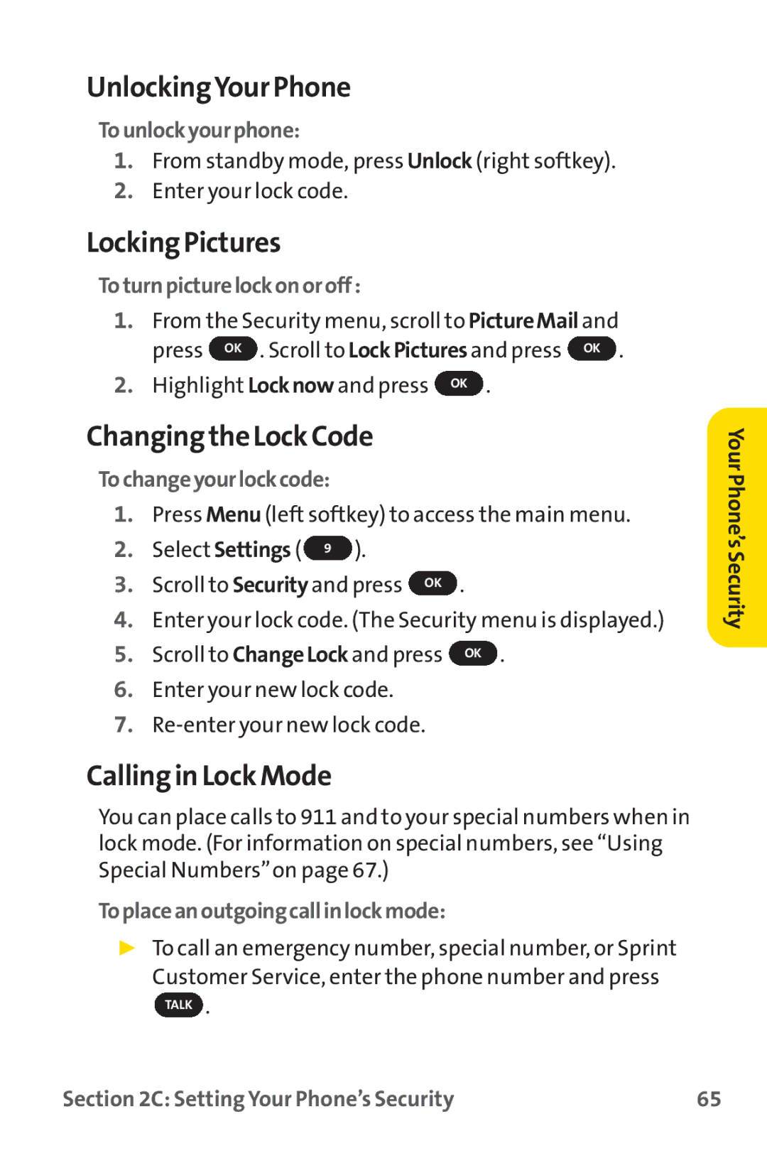 Sprint Nextel PM-225 manual UnlockingYour Phone, Locking Pictures, Changingthe Lock Code, Calling in Lock Mode 