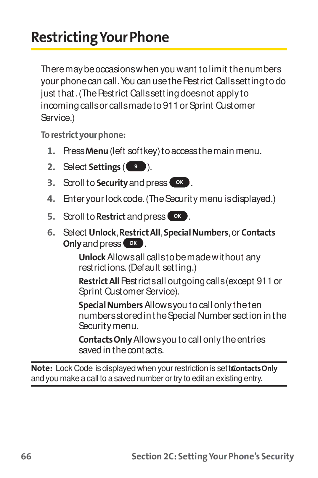 Sprint Nextel PM-225 RestrictingYour Phone, Torestrictyourphone, Select Unlock, RestrictAll, SpecialNumbers, or Contacts 