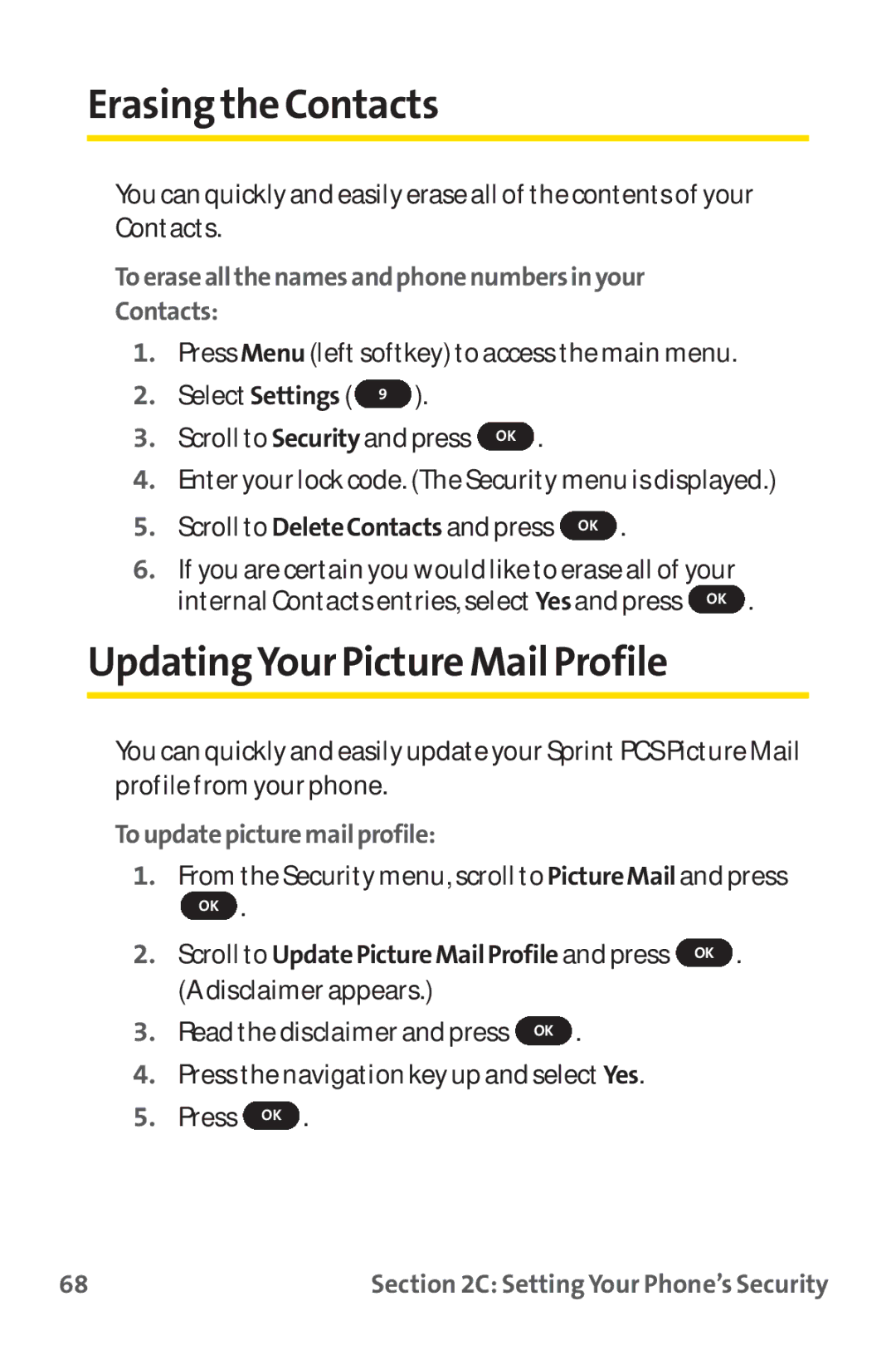 Sprint Nextel PM-225 manual Erasingthe Contacts, UpdatingYour Picture Mail Profile, Toupdatepicturemailprofile 