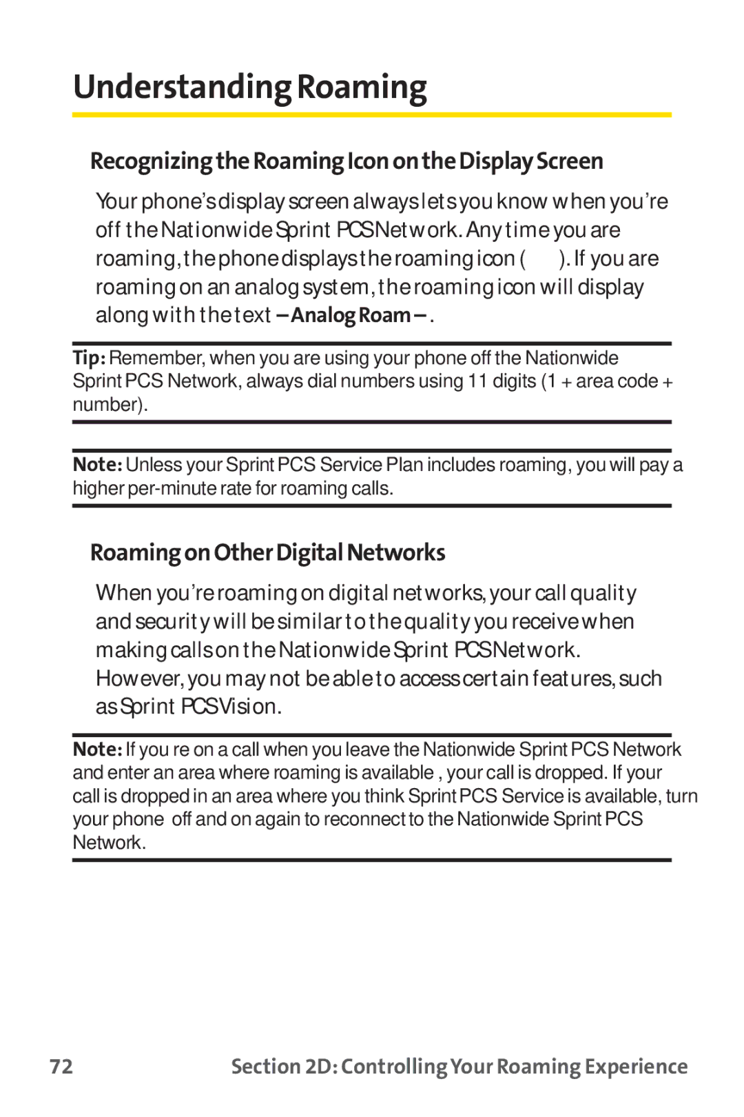 Sprint Nextel PM-225 Understanding Roaming, RecognizingtheRoamingIconontheDisplayScreen, RoamingonOtherDigitalNetworks 