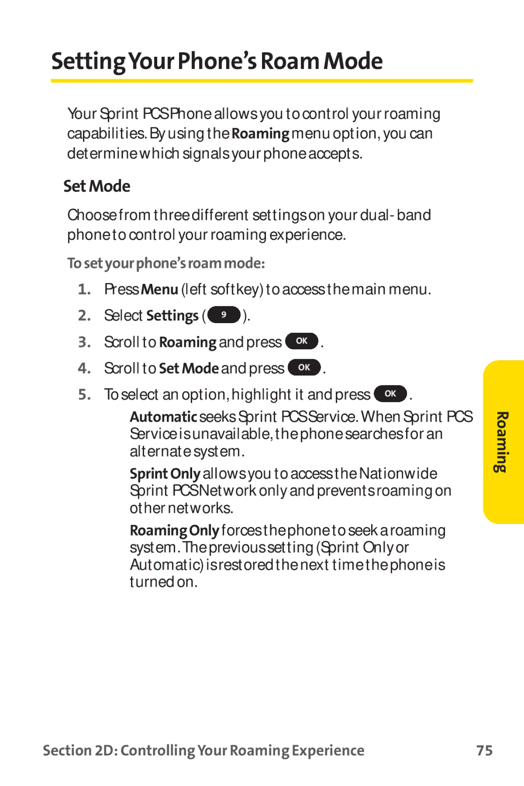 Sprint Nextel PM-225 manual SettingYour Phone’s Roam Mode, Set Mode, Tosetyourphone’sroammode 