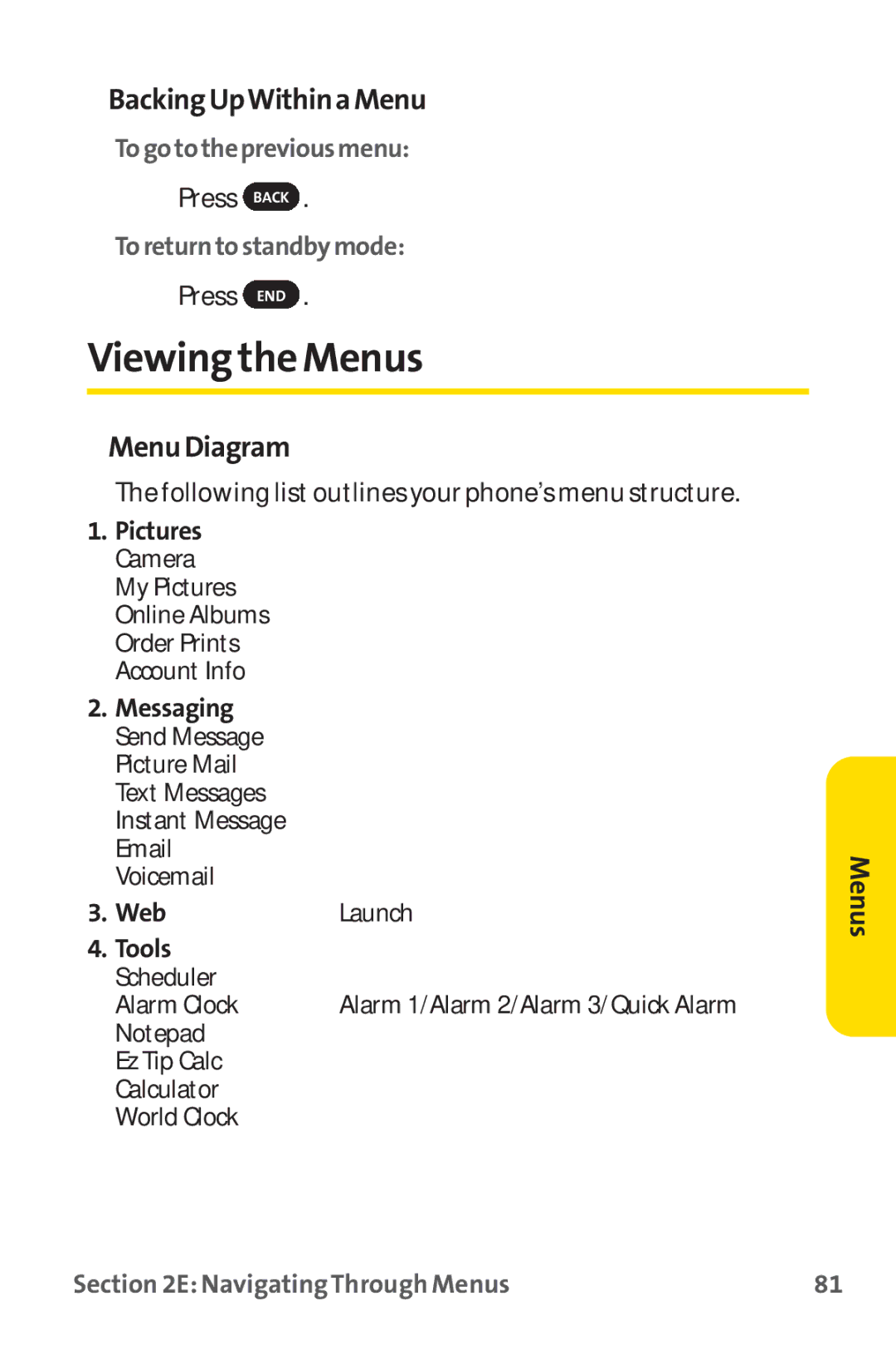 Sprint Nextel PM-225 Viewing the Menus, BackingUpWithinaMenu, MenuDiagram, Togotothepreviousmenu, Toreturntostandbymode 