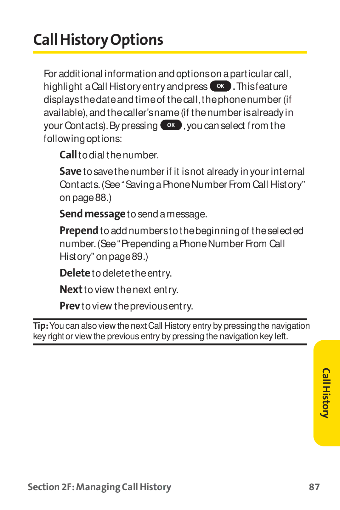 Sprint Nextel PM-225 manual Call History Options 