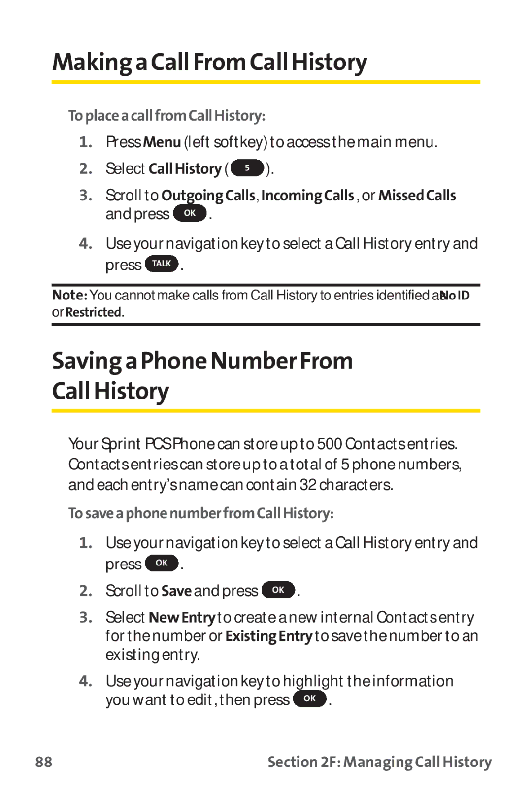 Sprint Nextel PM-225 Making a Call FromCall History, Saving a Phone Number From Call History, ToplaceacallfromCallHistory 