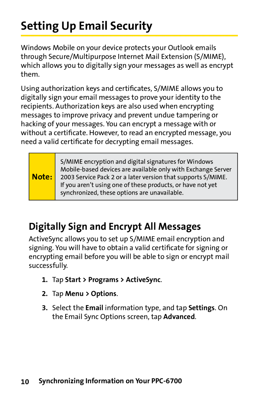 Sprint Nextel PPC-6700 manual Setting Up Email Security, Digitally Sign and Encrypt All Messages 