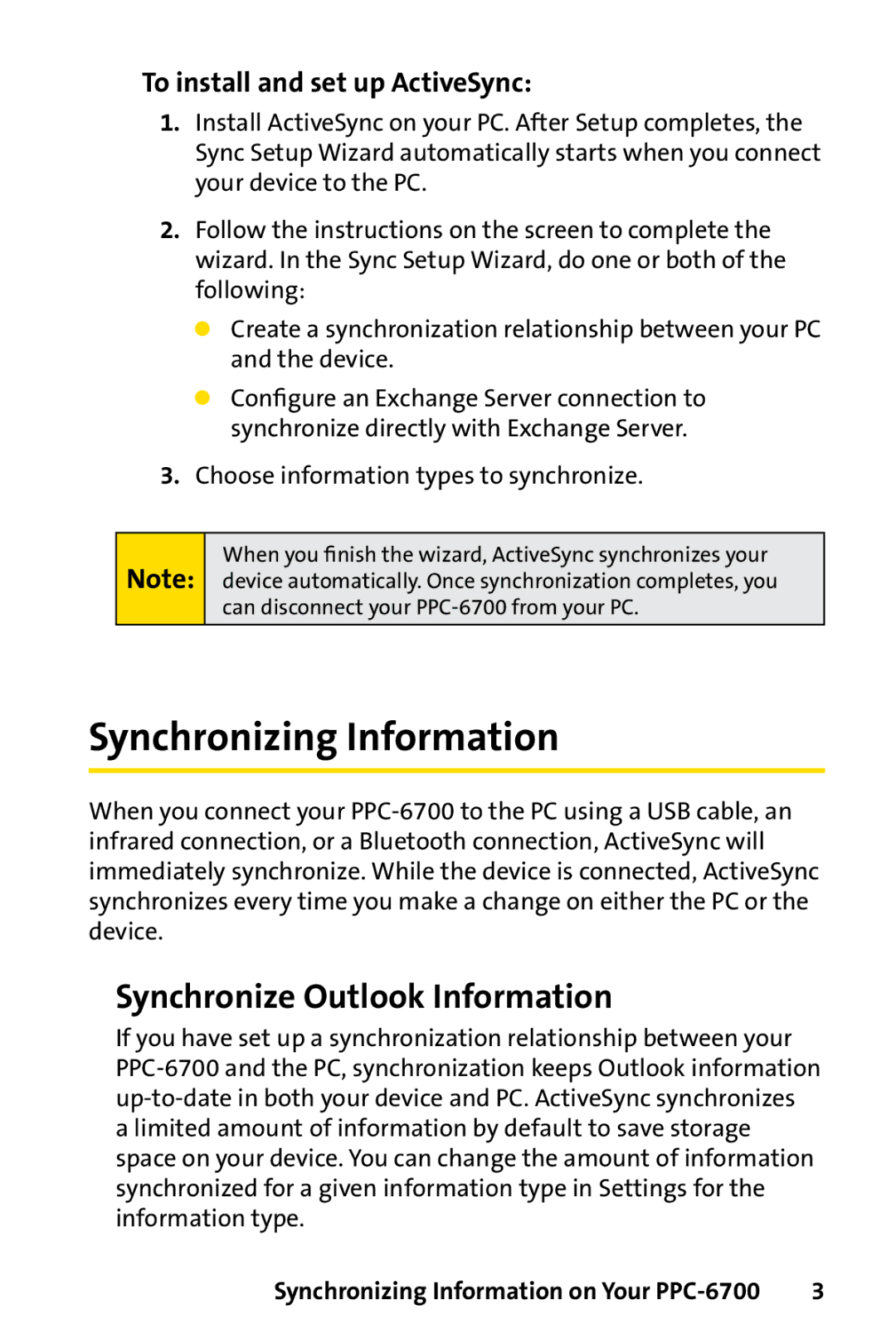 Sprint Nextel PPC-6700 manual Synchronizing Information, Synchronize Outlook Information, To install and set up ActiveSync 