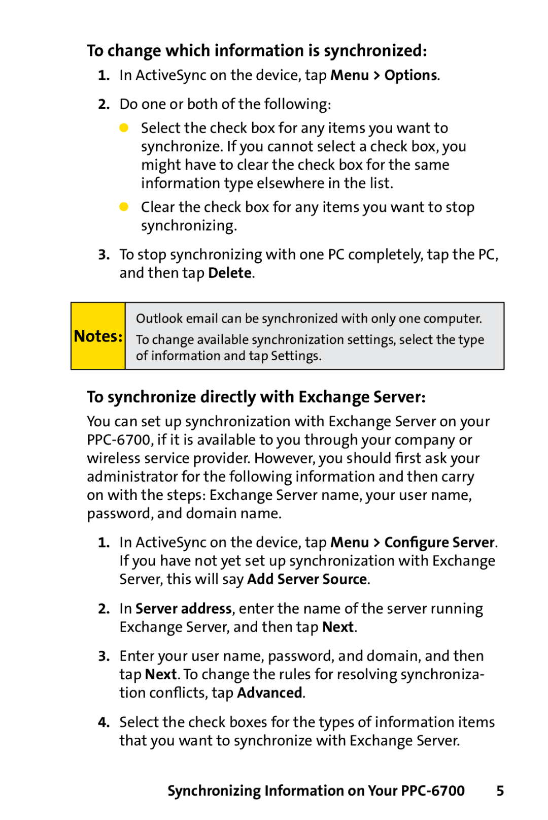 Sprint Nextel PPC-6700 manual To change which information is synchronized, To synchronize directly with Exchange Server 