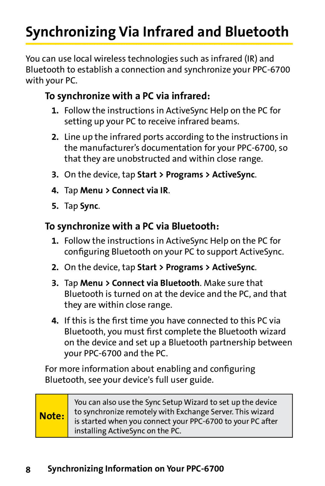 Sprint Nextel PPC-6700 manual Synchronizing Via Infrared and Bluetooth, To synchronize with a PC via infrared 