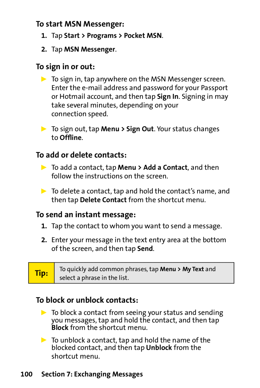 Sprint Nextel PPC-6700 To start MSN Messenger, To sign in or out, To add or delete contacts, To send an instant message 