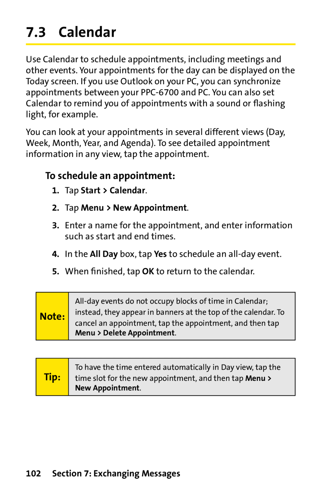 Sprint Nextel PPC-6700 To schedule an appointment, Tap Start Calendar 2. Tap Menu New Appointment, Exchanging Messages 