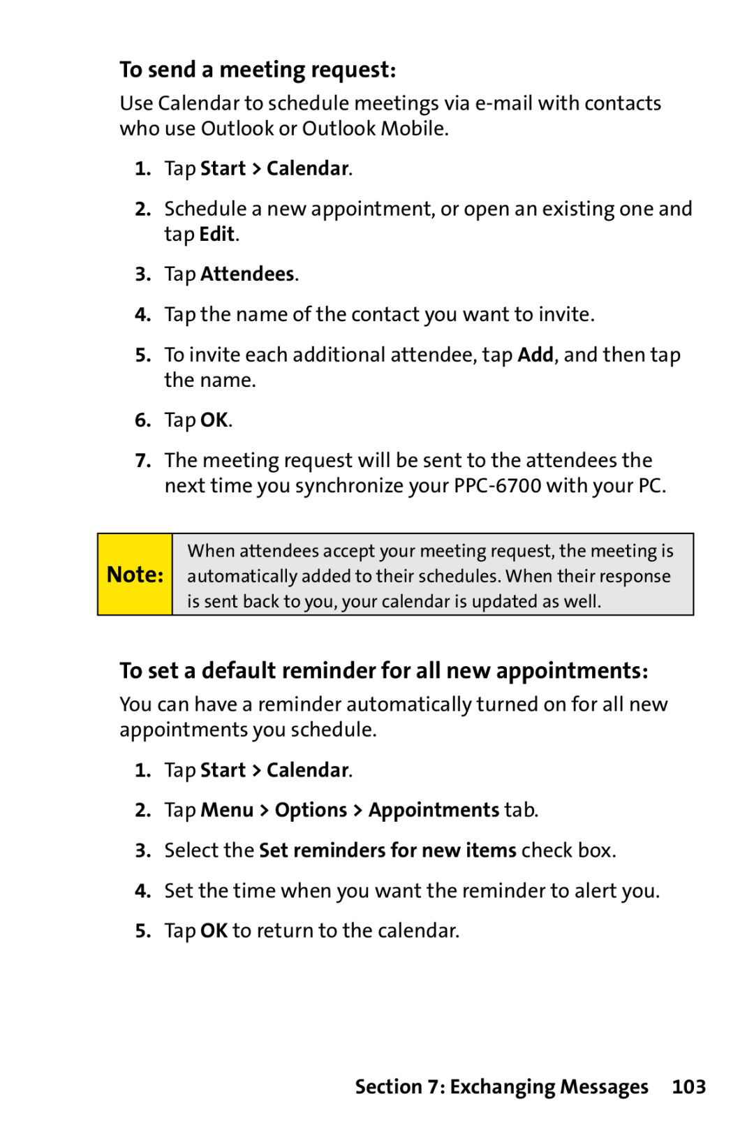 Sprint Nextel PPC-6700 To send a meeting request, To set a default reminder for all new appointments, Tap Start Calendar 