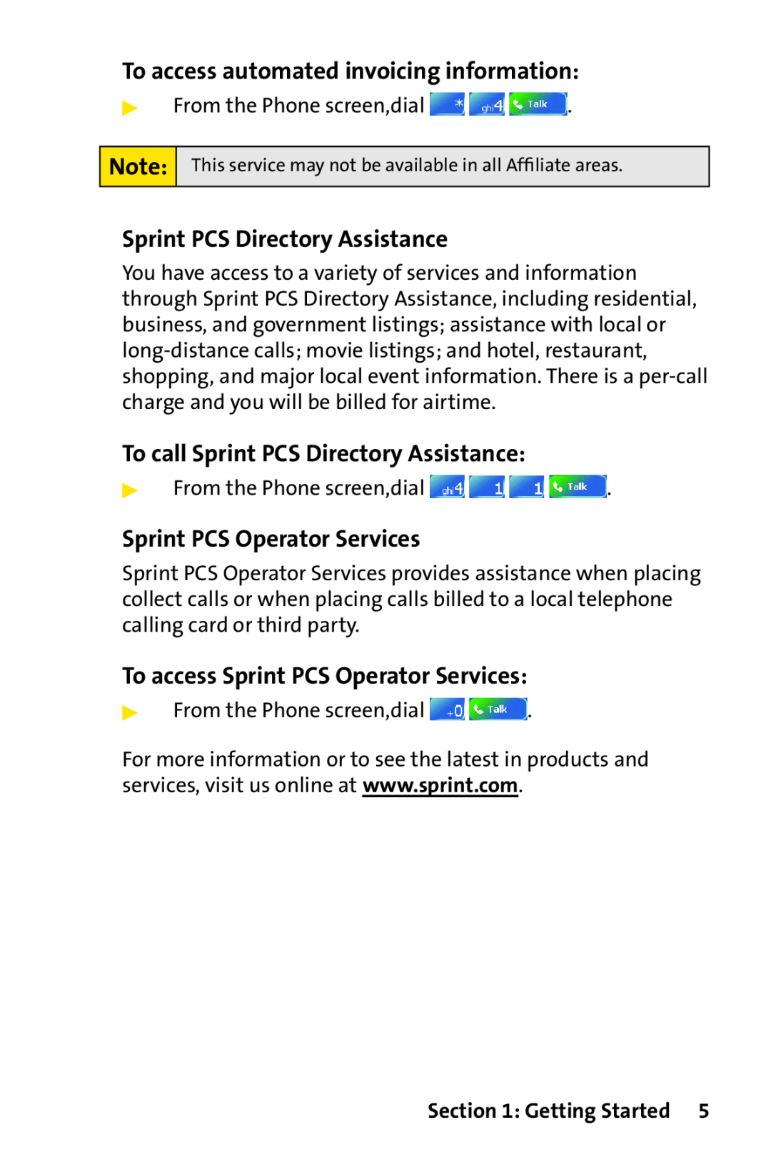 Sprint Nextel PPC-6700 manual To access automated invoicing information, Sprint PCS Directory Assistance, Getting Started 