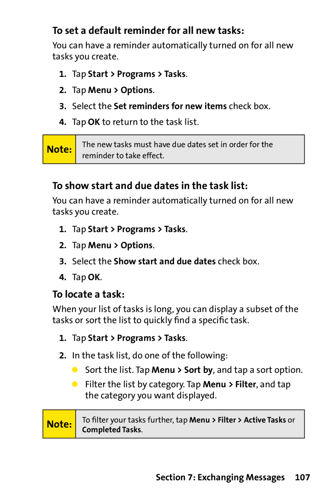 Sprint Nextel PPC-6700 manual To set a default reminder for all new tasks, To show start and due dates in the task list 