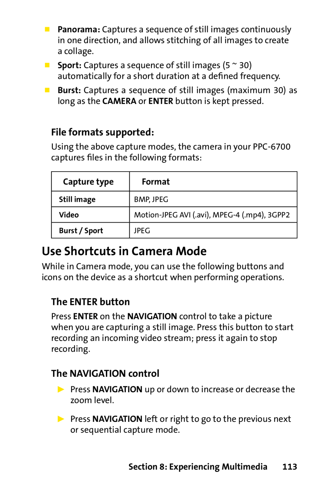 Sprint Nextel PPC-6700 Use Shortcuts in Camera Mode, File formats supported, The ENTER button, The NAVIGATION control 