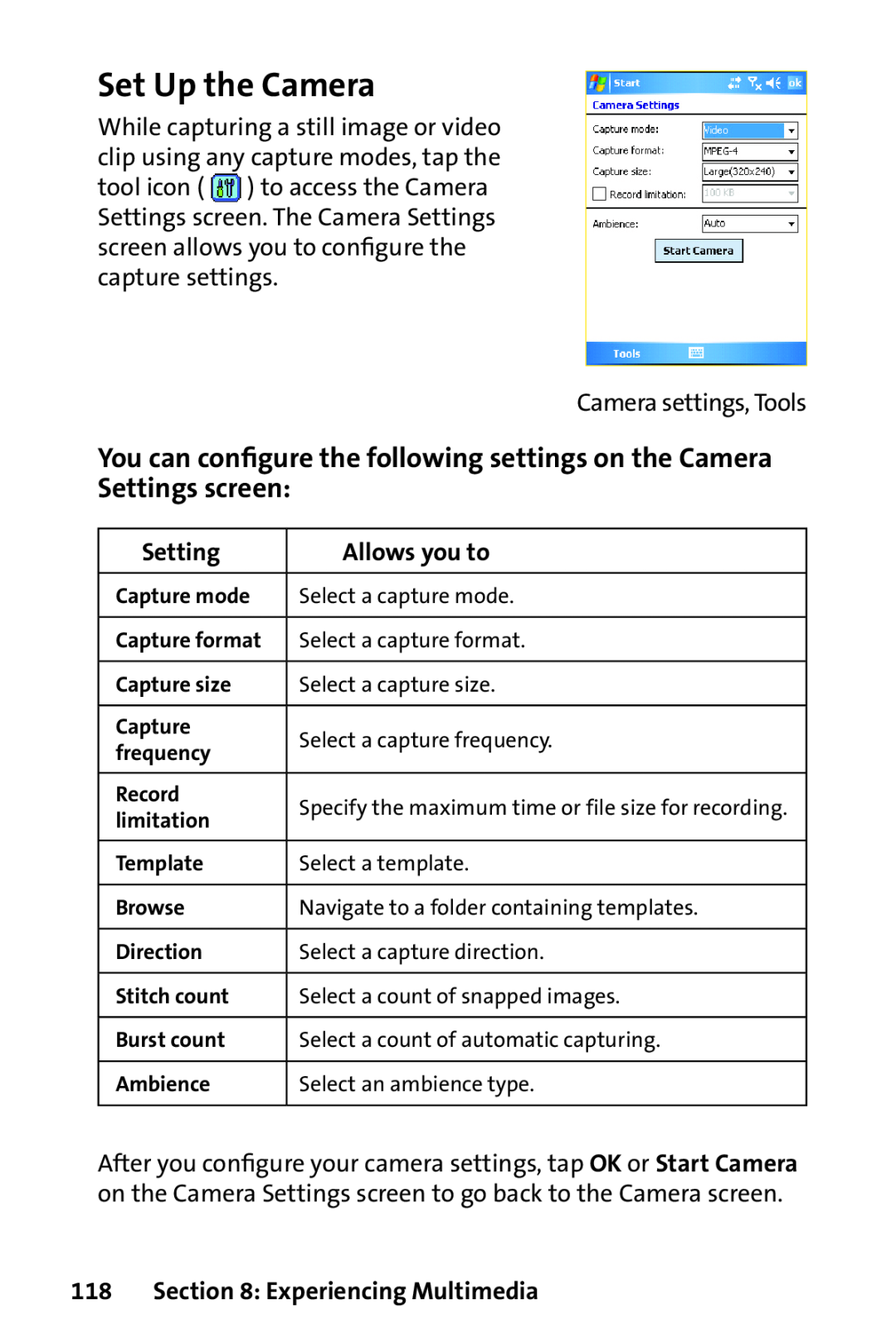 Sprint Nextel PPC-6700 Set Up the Camera, You can conﬁgure the following settings on the Camera Settings screen, Capture 