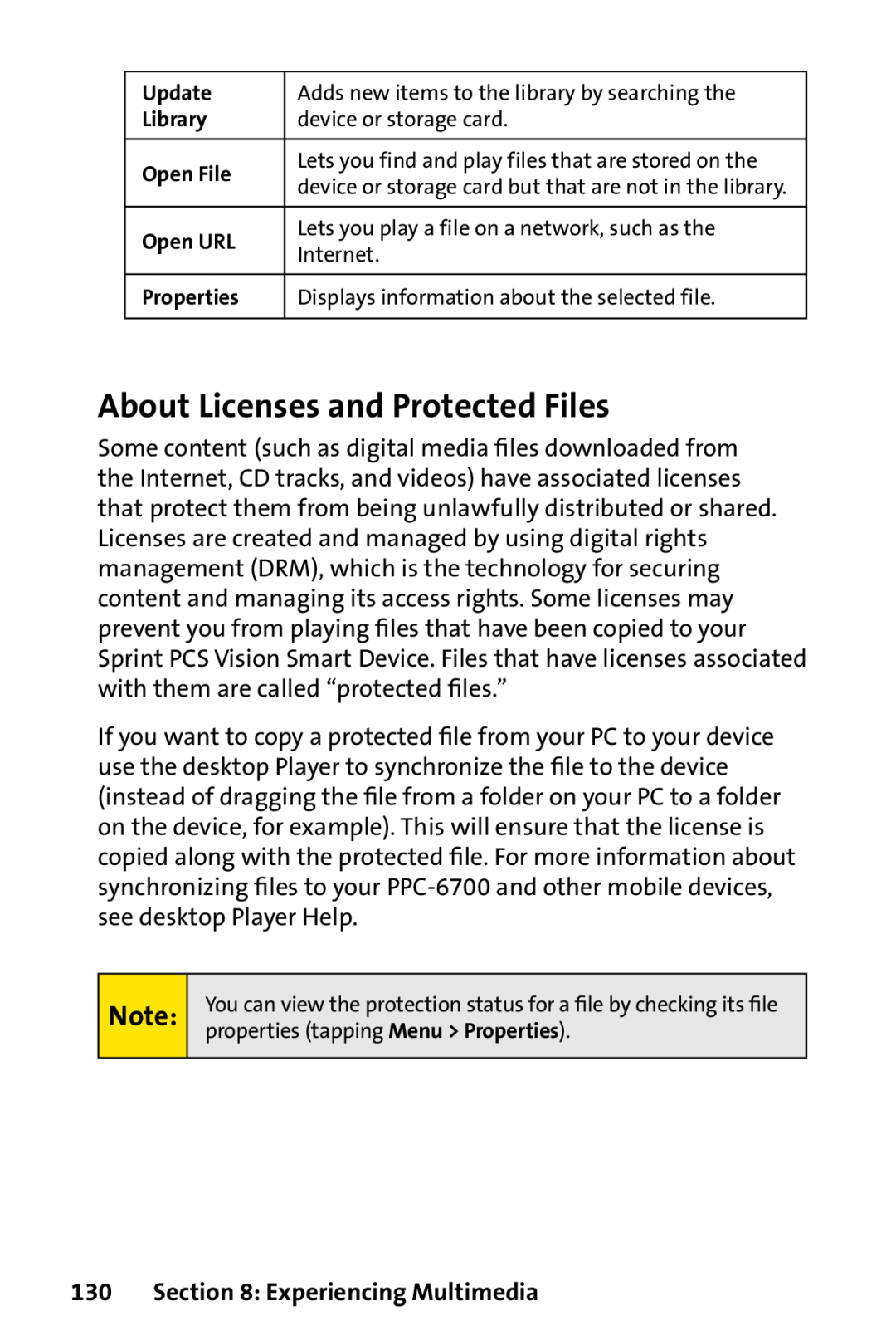 Sprint Nextel PPC-6700 manual About Licenses and Protected Files, Experiencing Multimedia 
