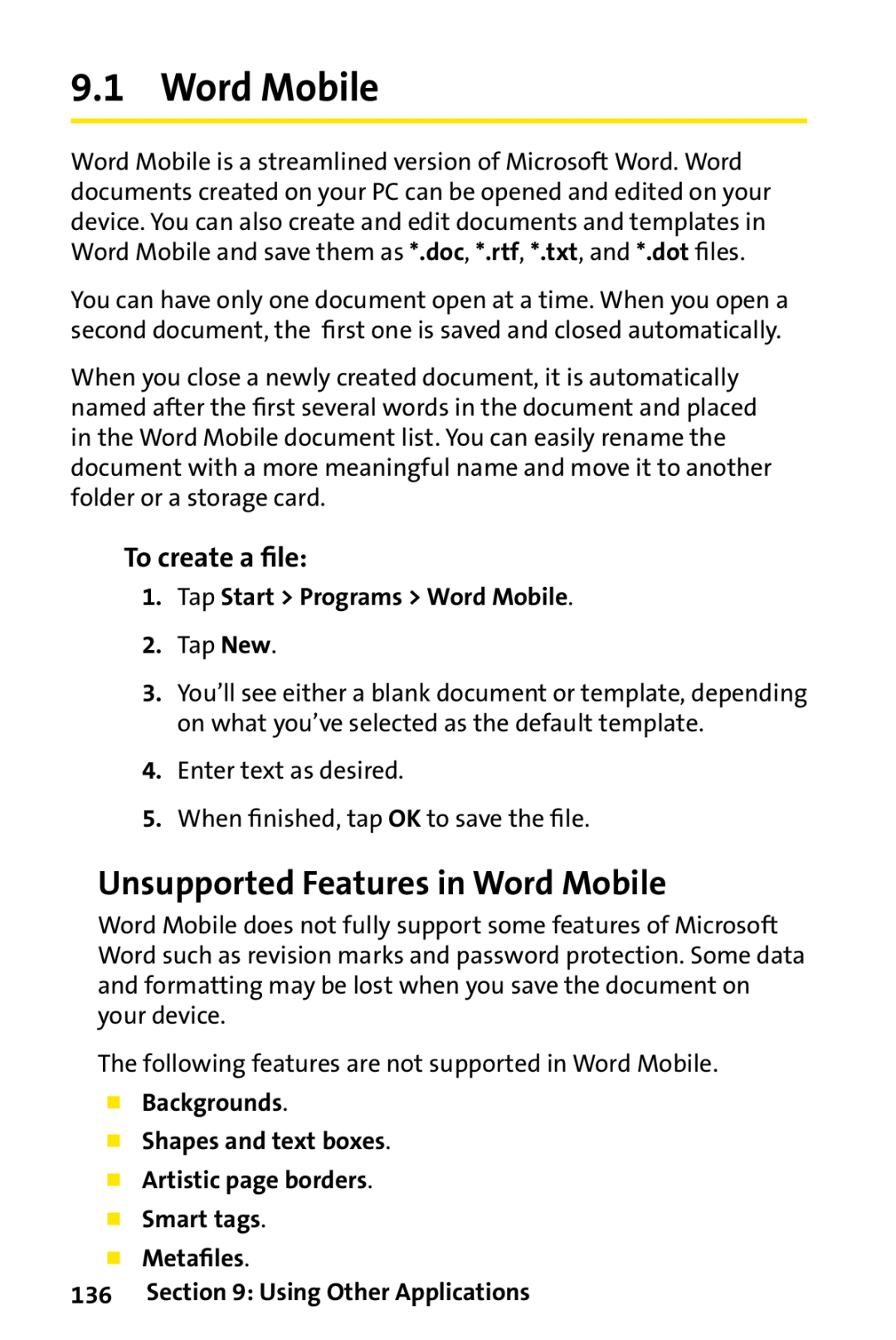 Sprint Nextel PPC-6700 manual Unsupported Features in Word Mobile, To create a ﬁle, Tap Start Programs Word Mobile 