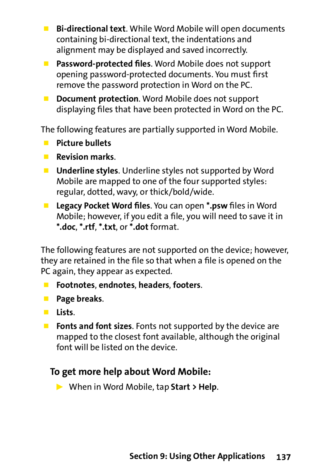 Sprint Nextel PPC-6700 To get more help about Word Mobile,  Picture bullets  Revision marks, Using Other Applications 