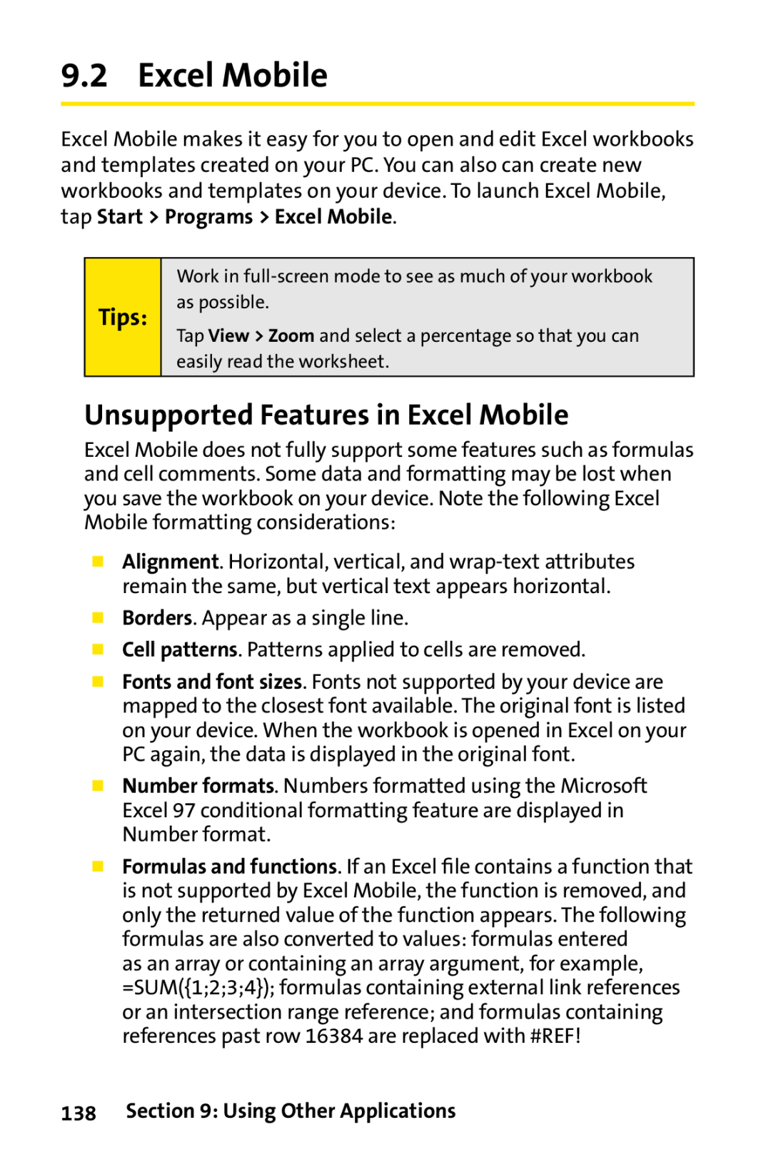 Sprint Nextel PPC-6700 manual Unsupported Features in Excel Mobile, Using Other Applications, Tips 