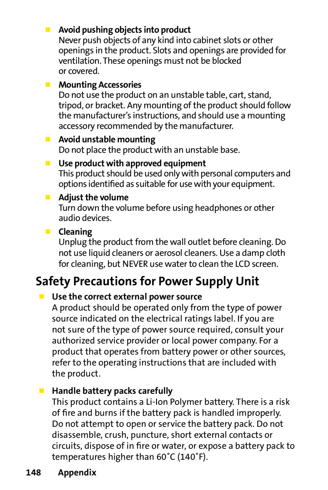Sprint Nextel PPC-6700 Safety Precautions for Power Supply Unit,  Avoid pushing objects into product,  Adjust the volume 