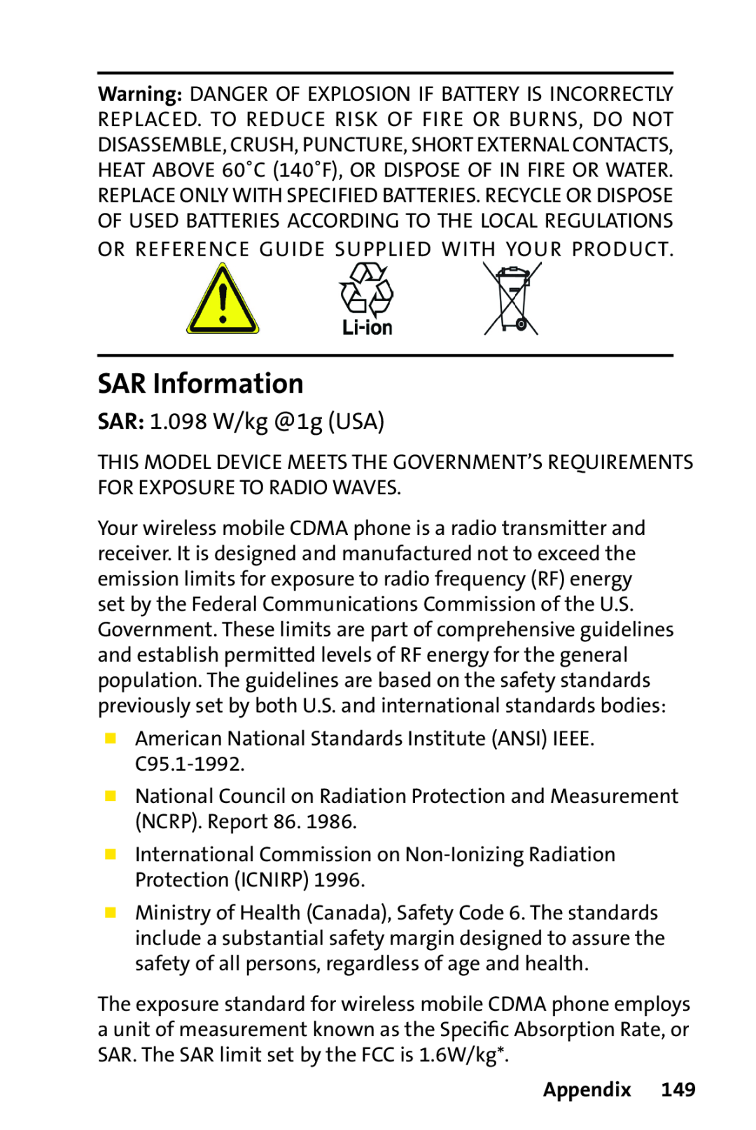 Sprint Nextel PPC-6700 manual SAR Information, SAR 1.098 W/kg @1g USA, Appendix 
