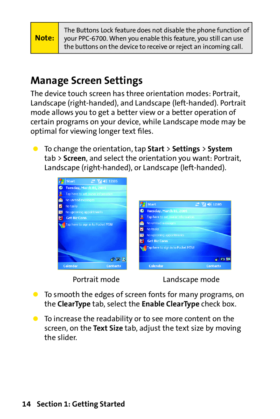 Sprint Nextel PPC-6700 manual Manage Screen Settings, Getting Started 