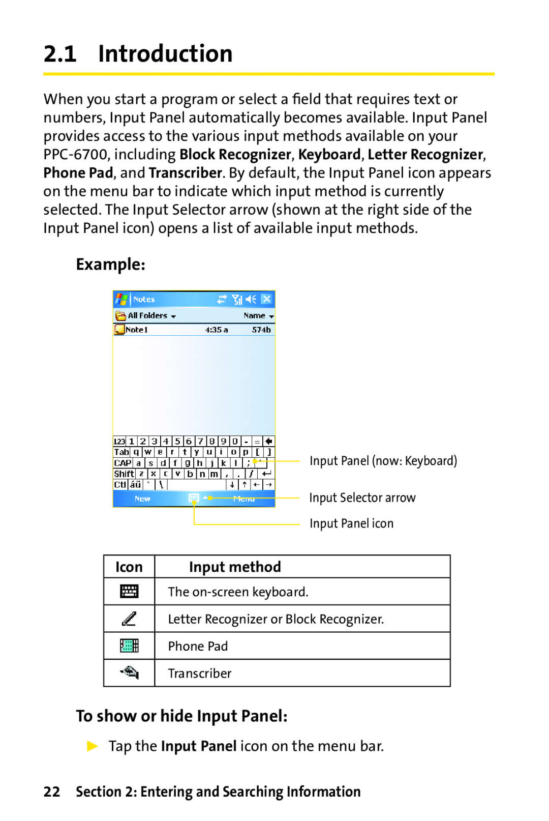 Sprint Nextel PPC-6700 manual Introduction, Example, To show or hide Input Panel, Icon, Input method 