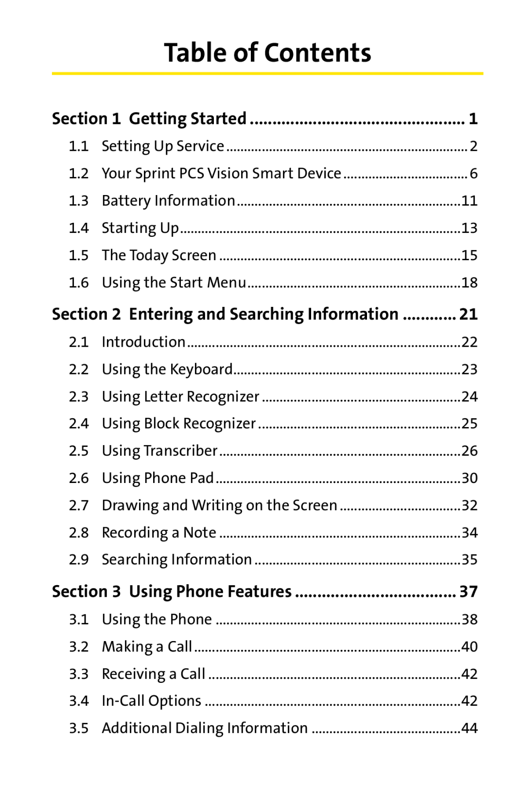 Sprint Nextel PPC-6700 manual Table of Contents, Getting Started, Entering and Searching Information, Using Phone Features 