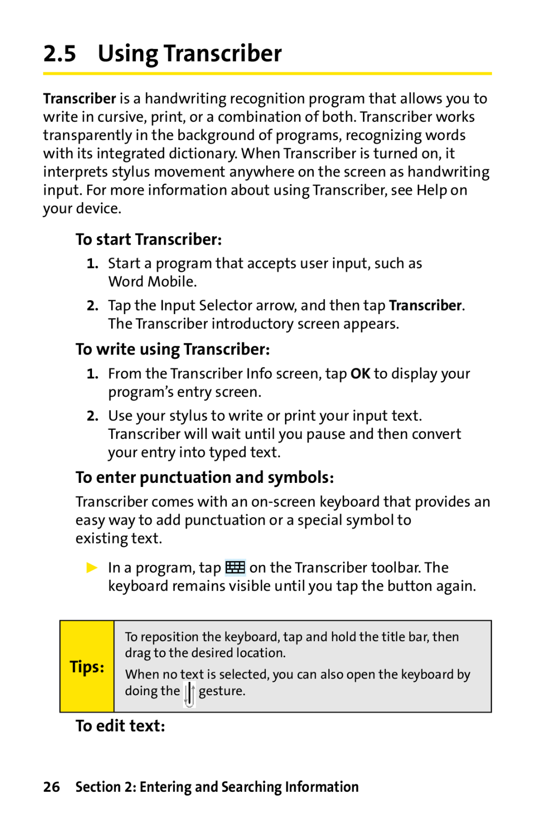 Sprint Nextel PPC-6700 manual Using Transcriber, To start Transcriber, To write using Transcriber, Tips, To edit text 