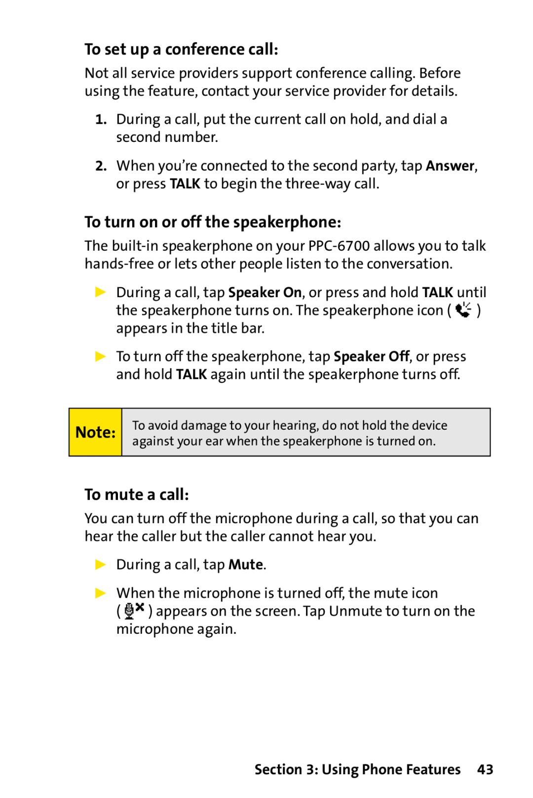 Sprint Nextel PPC-6700 manual To set up a conference call, To turn on or off the speakerphone, To mute a call 