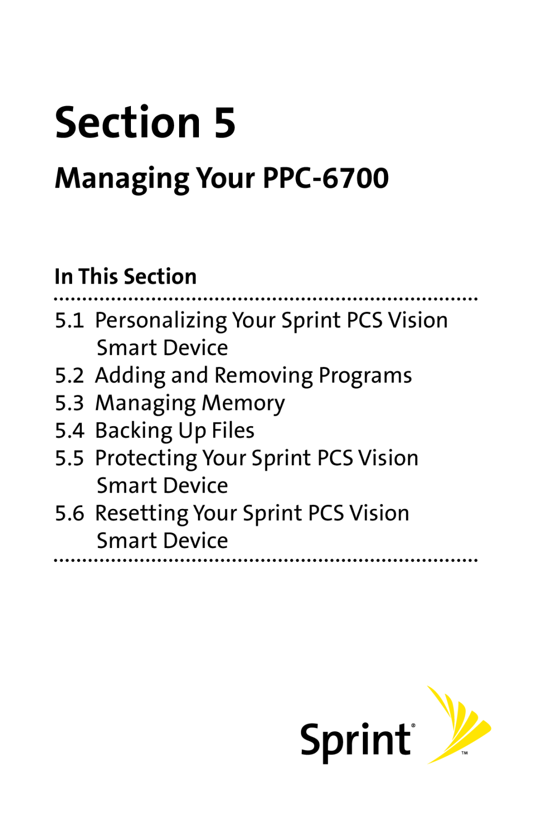 Sprint Nextel Managing Your PPC-6700, Personalizing Your Sprint PCS Vision Smart Device, Backing Up Files, Section 