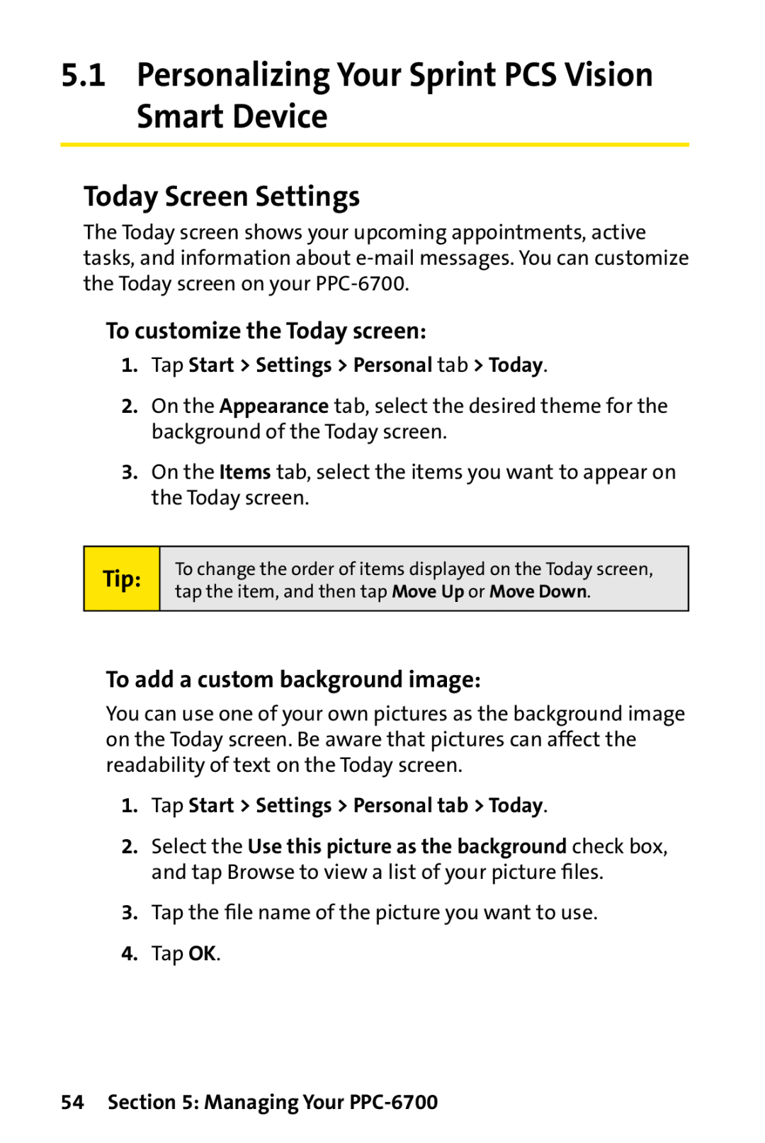Sprint Nextel manual Personalizing Your Sprint PCS Vision Smart Device, Today Screen Settings, Managing Your PPC-6700 