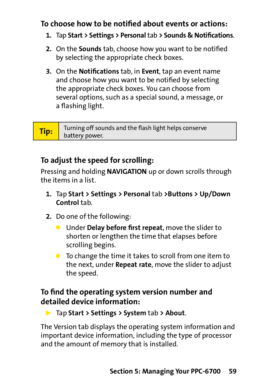 Sprint Nextel PPC-6700 manual To choose how to be notiﬁed about events or actions, To adjust the speed for scrolling 