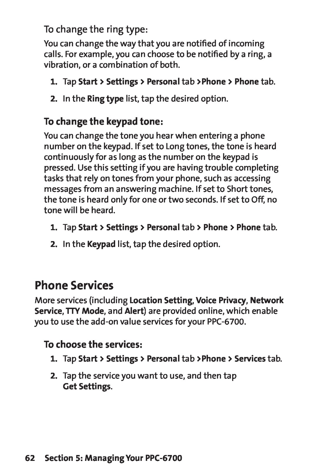 Sprint Nextel PPC-6700 manual Phone Services, To change the ring type, To change the keypad tone, To choose the services 