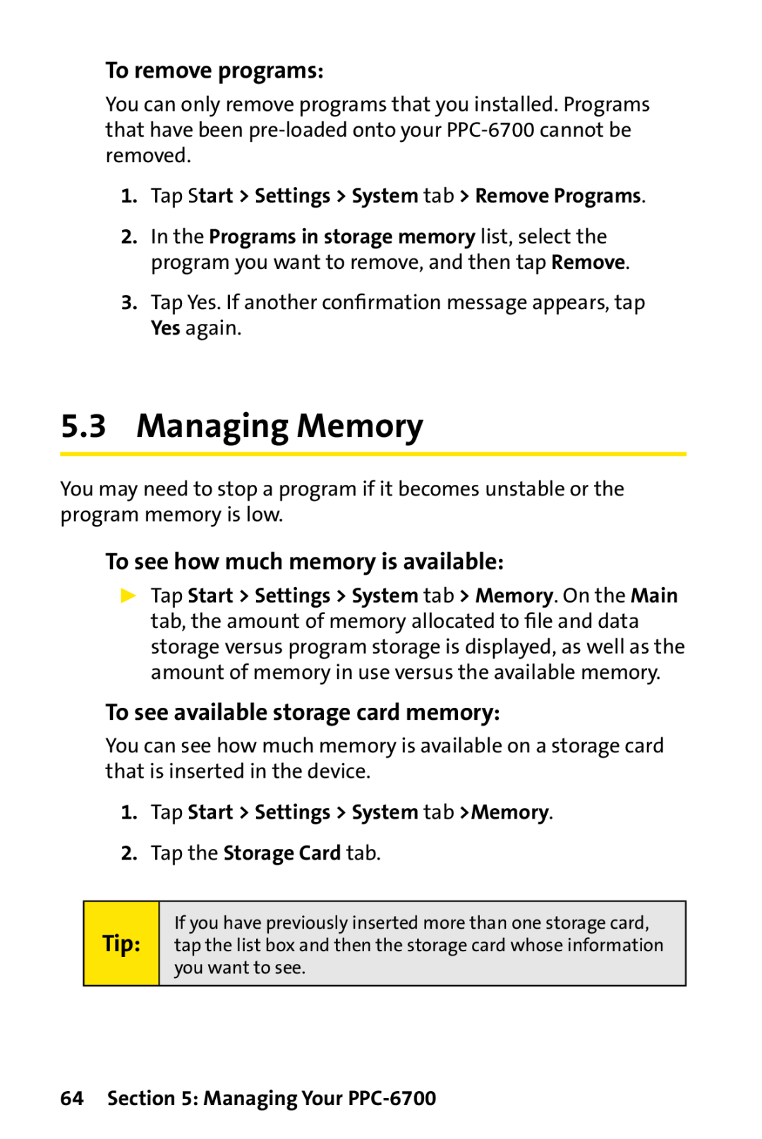 Sprint Nextel manual Managing Memory, To remove programs, To see how much memory is available, Managing Your PPC-6700 