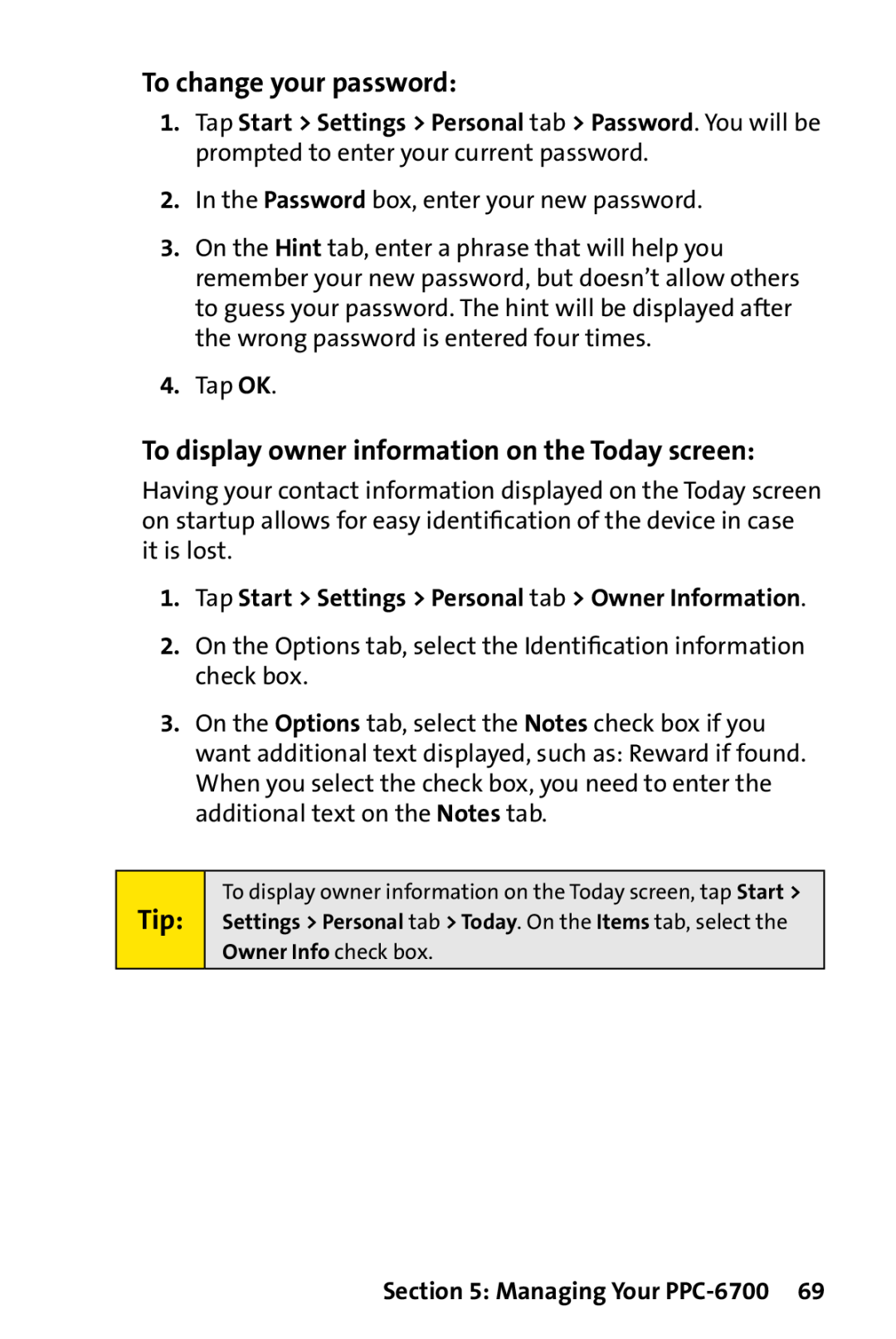 Sprint Nextel manual To change your password, To display owner information on the Today screen, Managing Your PPC-6700 