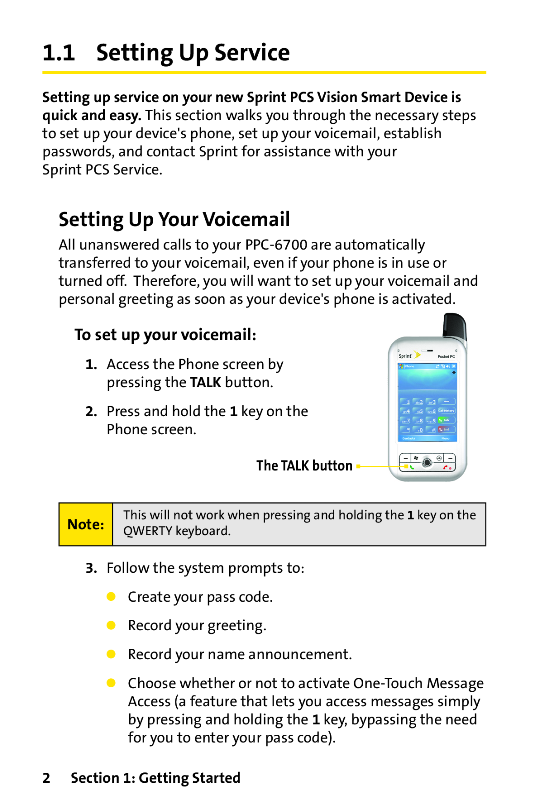 Sprint Nextel PPC-6700 manual Setting Up Service, Setting Up Your Voicemail, To set up your voicemail, The TALK button 