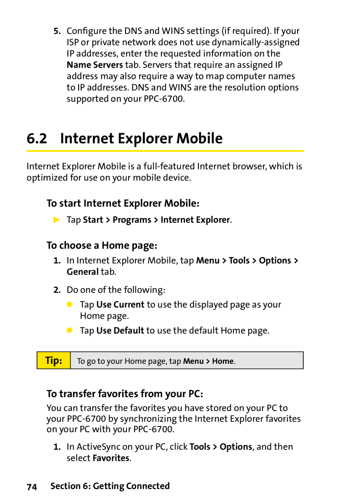 Sprint Nextel PPC-6700 To start Internet Explorer Mobile, To choose a Home page, To transfer favorites from your PC 