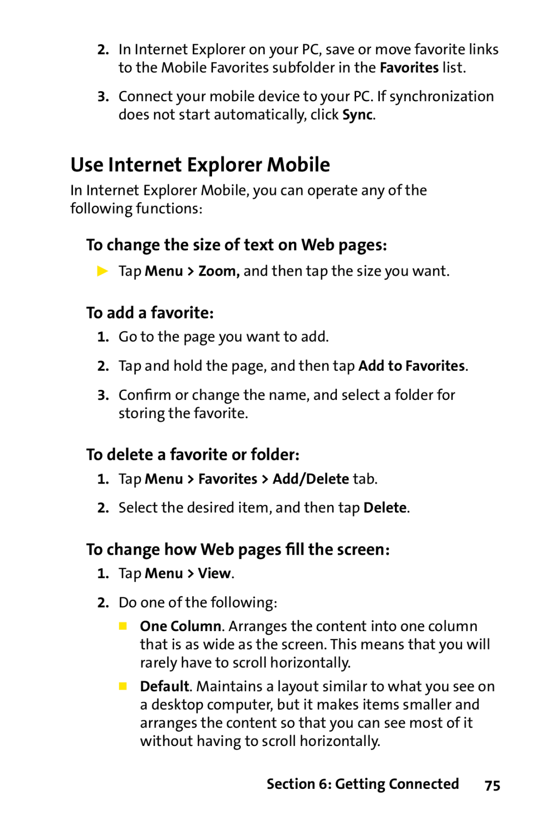 Sprint Nextel PPC-6700 manual Use Internet Explorer Mobile, To change the size of text on Web pages, To add a favorite 