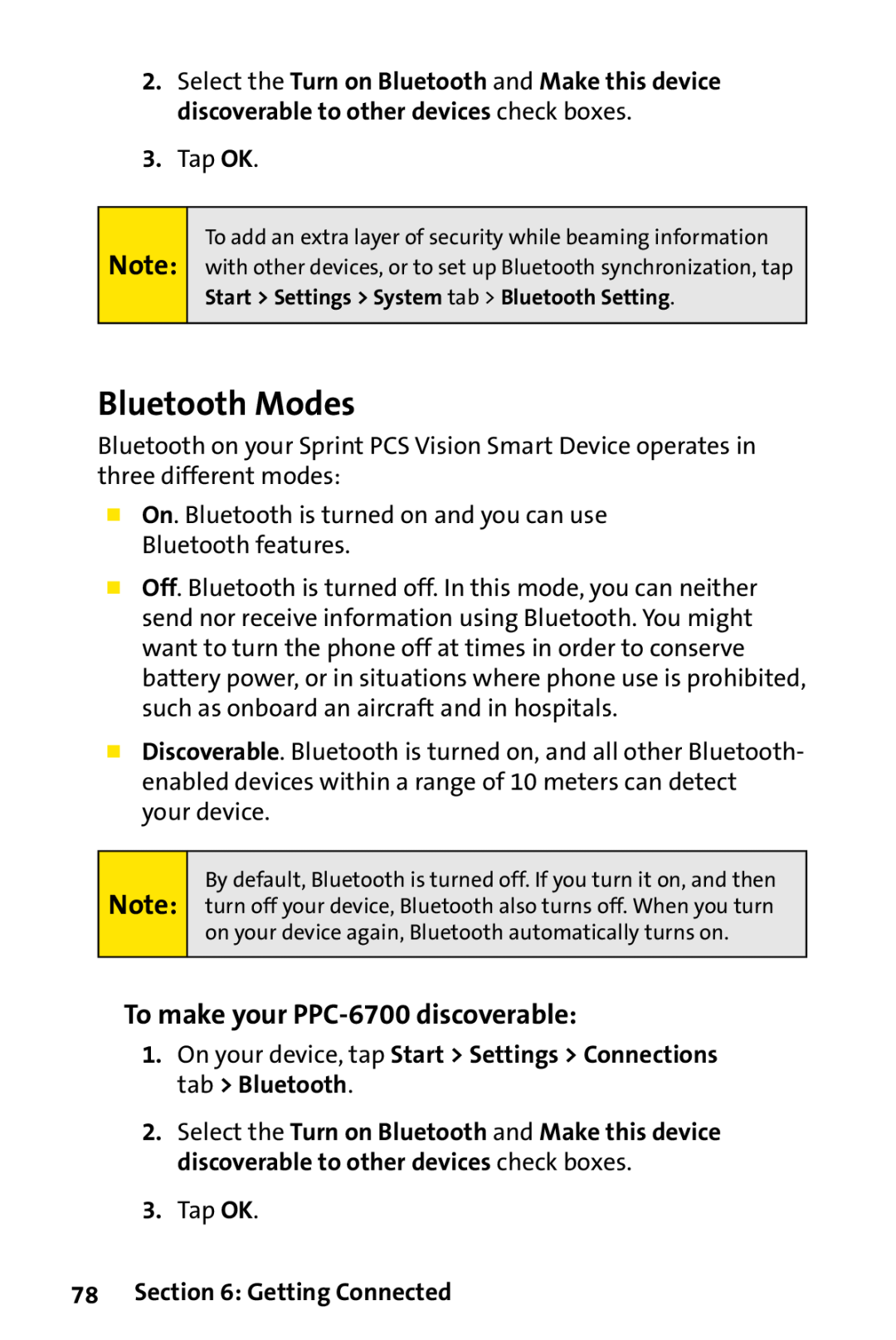 Sprint Nextel manual Bluetooth Modes, To make your PPC-6700 discoverable, Getting Connected 