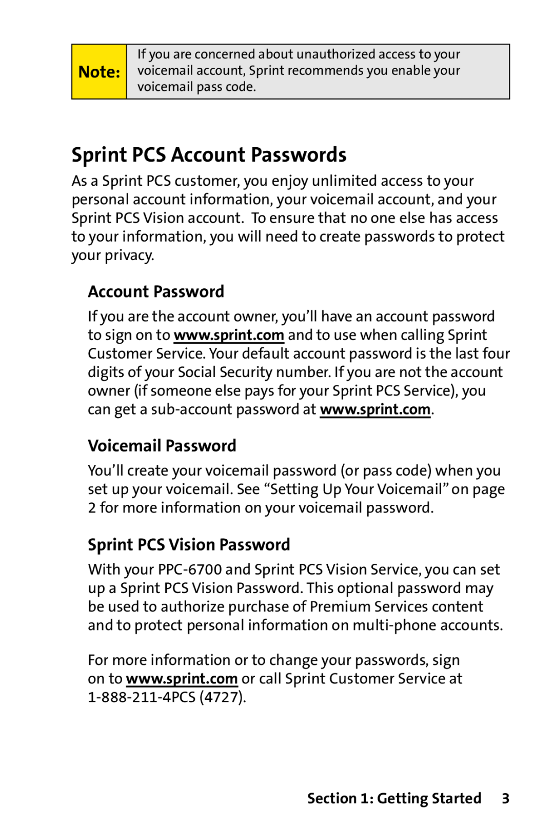Sprint Nextel PPC-6700 manual Sprint PCS Account Passwords, Voicemail Password, Sprint PCS Vision Password, Getting Started 