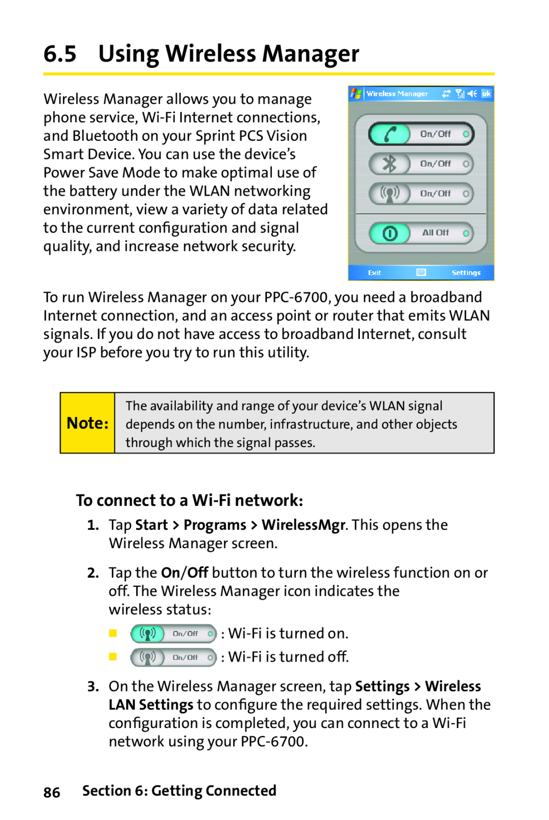 Sprint Nextel PPC-6700 manual Using Wireless Manager, To connect to a Wi-Fi network, Getting Connected 