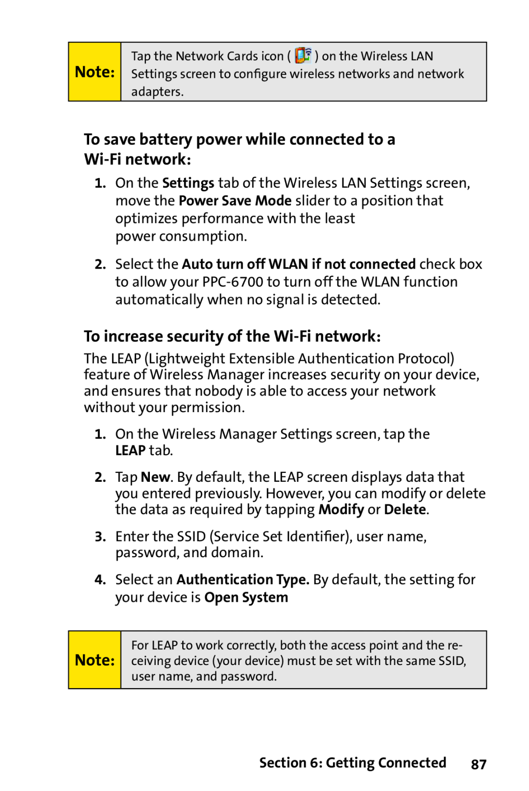 Sprint Nextel PPC-6700 To save battery power while connected to a Wi-Fi network, To increase security of the Wi-Fi network 