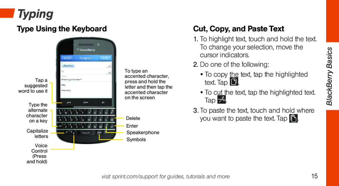 Sprint Nextel Q10 manual Typing, Type Using the Keyboard Cut, Copy, and Paste Text 