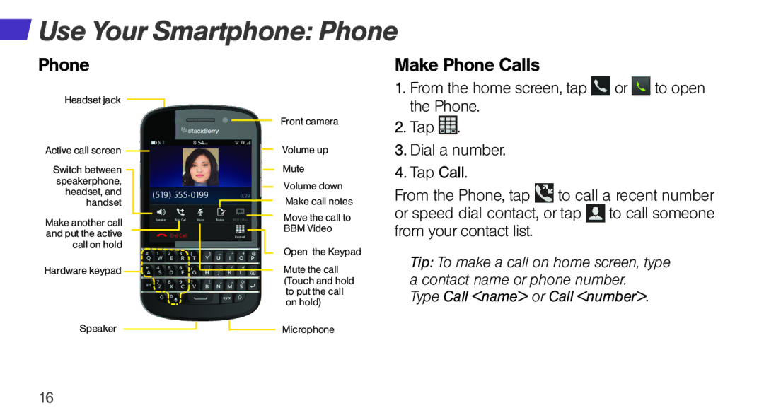 Sprint Nextel Q10 manual Use Your Smartphone Phone, Make Phone Calls 