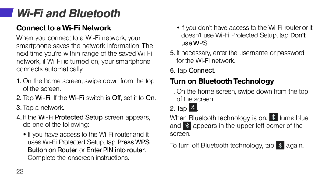 Sprint Nextel Q10 manual Wi-Fi and Bluetooth, Connect to a Wi-Fi Network, Turn on Bluetooth Technology 