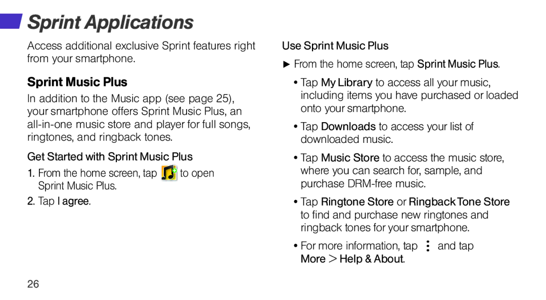 Sprint Nextel Q10 manual Sprint Applications, Sprint Music Plus 