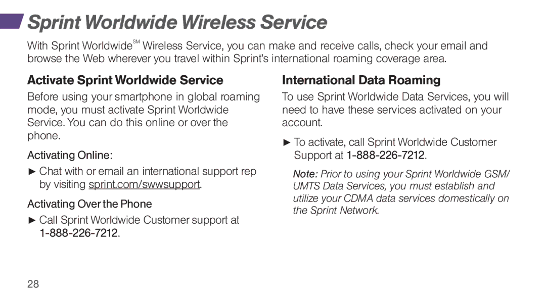 Sprint Nextel Q10 manual Sprint Worldwide Wireless Service, Activate Sprint Worldwide Service, International Data Roaming 