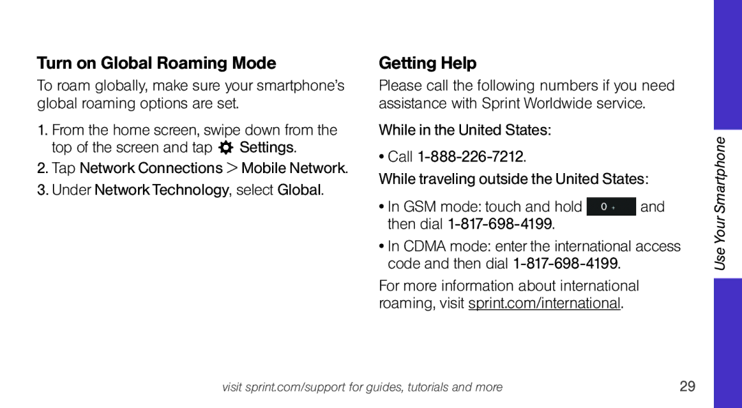 Sprint Nextel Q10 manual Turn on Global Roaming Mode, Getting Help 